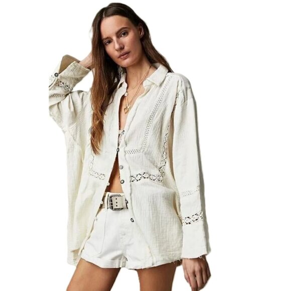 Free People Ranch Wash Raw Edge Long Sleeve Tunic Top L Boho by We The Free - Picture 1 of 11